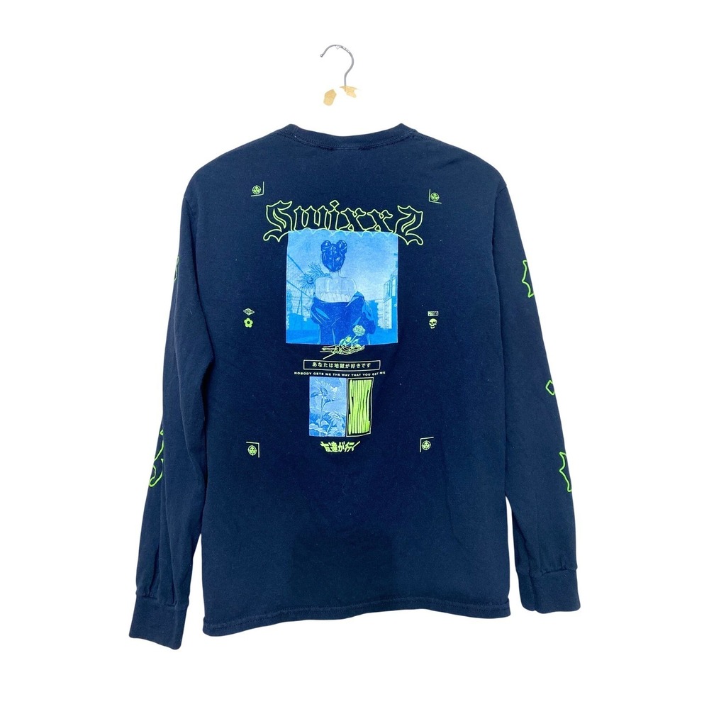 Swixxz Mens Long Sleeve Graphic T-Shirt Black Anime Neon Green Streetwear Medium